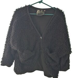 Chandelier Cardigan Sweater Womens Small Black Fuzzy Shaggy Knit V-Neck Button